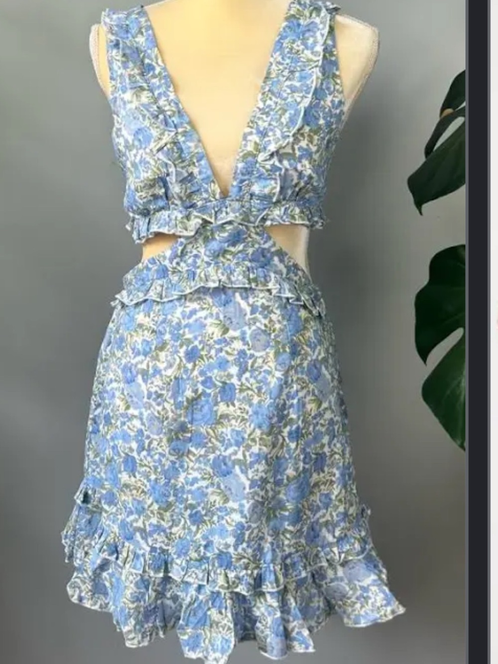 Mable Deep V Sleeveless Floral Blue Ruffle Cut Out Knee Length Midi Dress